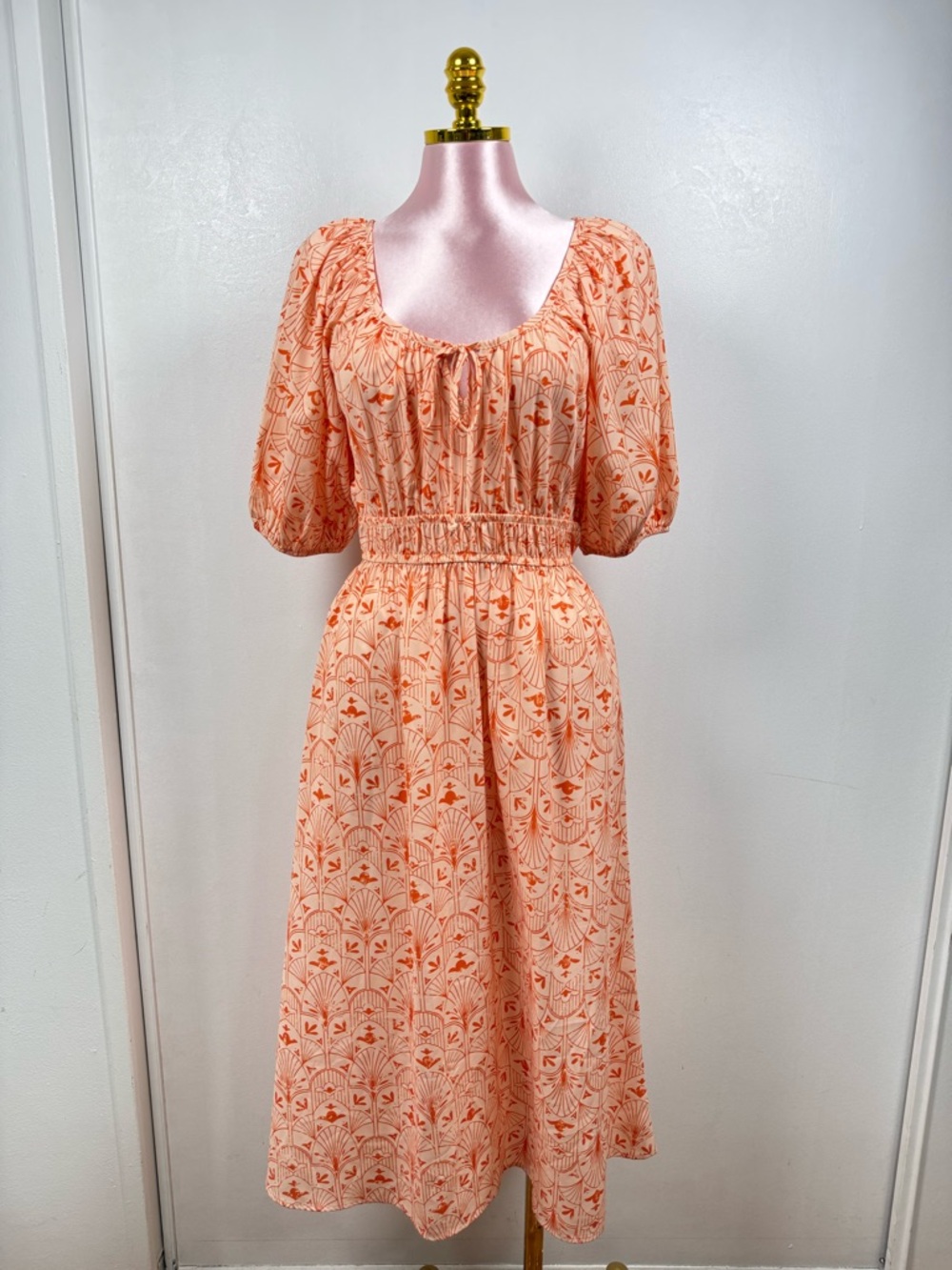 Sienna Sky Peach Orange Midi Dress Boho Smocked Waist Puff Sleeve Floral Size S
